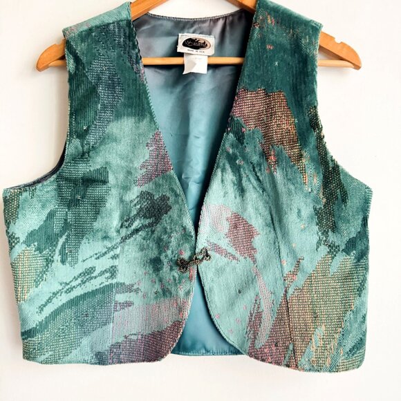 Vintage Western Collection Turquoise Teal Carpet Fabric Cropped Vest L - Picture 1 of 8